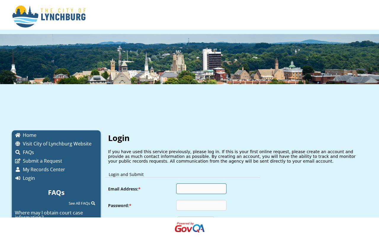 Lynchburg City warrant records request, official vendor-hosted FOIA portal entry