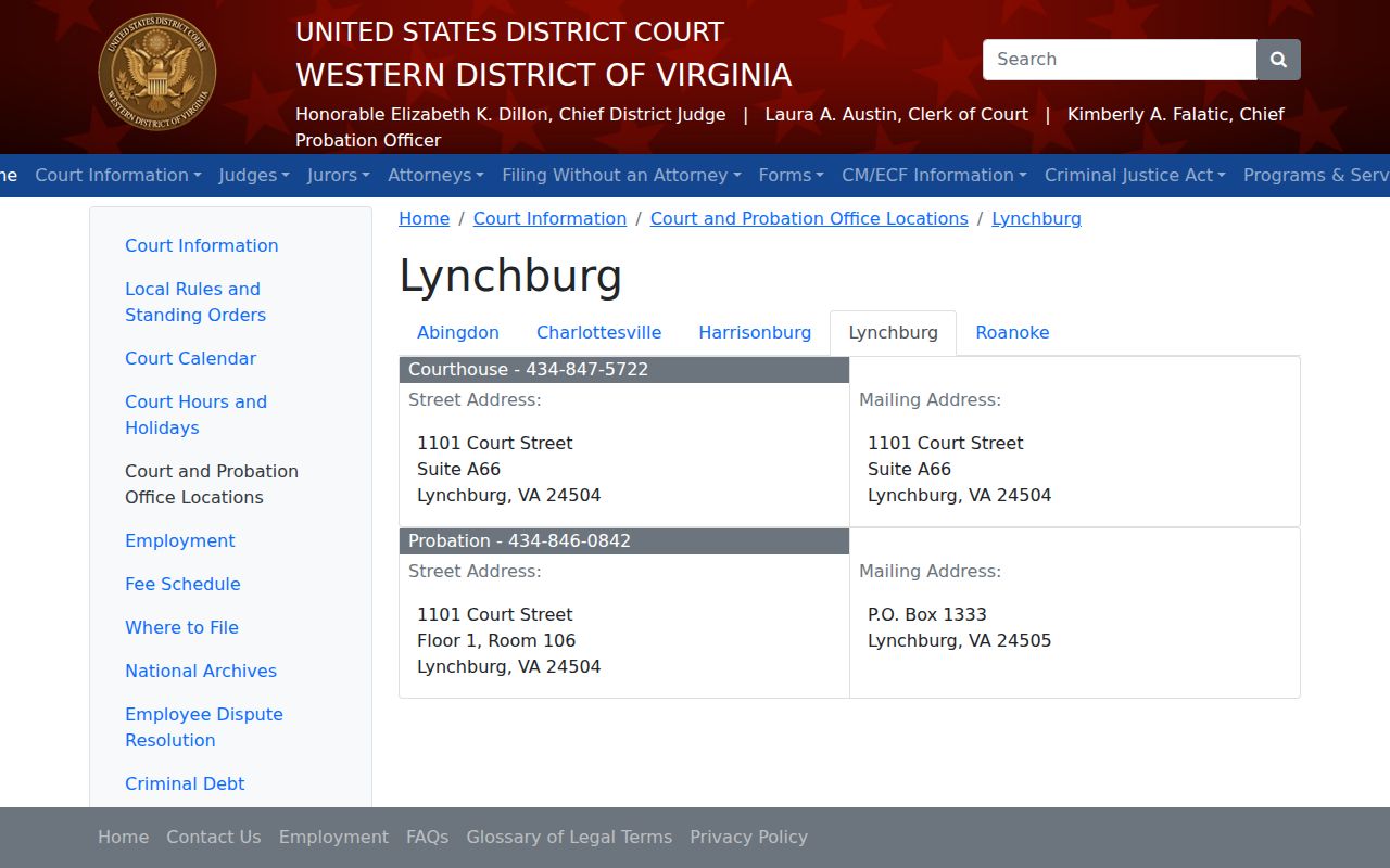Lynchburg City arrest warrants, federal courthouse and probation office information