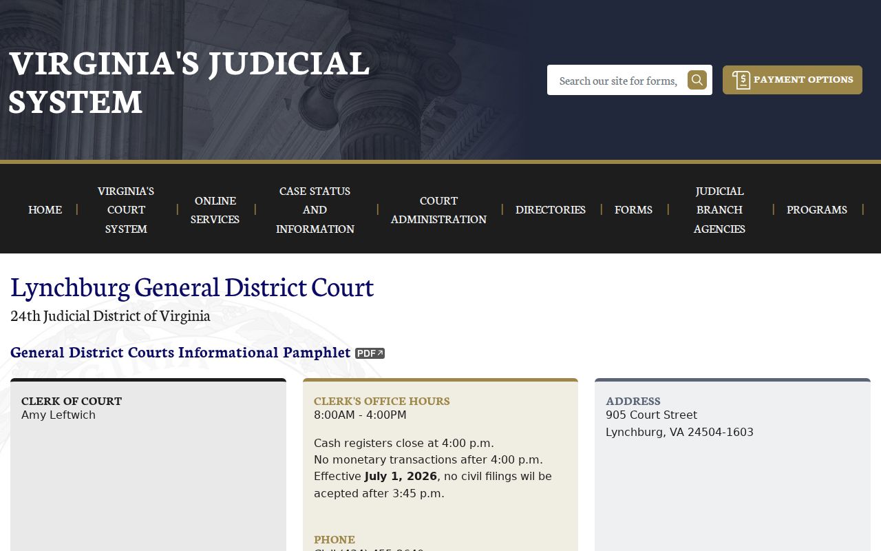 Lynchburg City traffic warrant records, official General District Court page